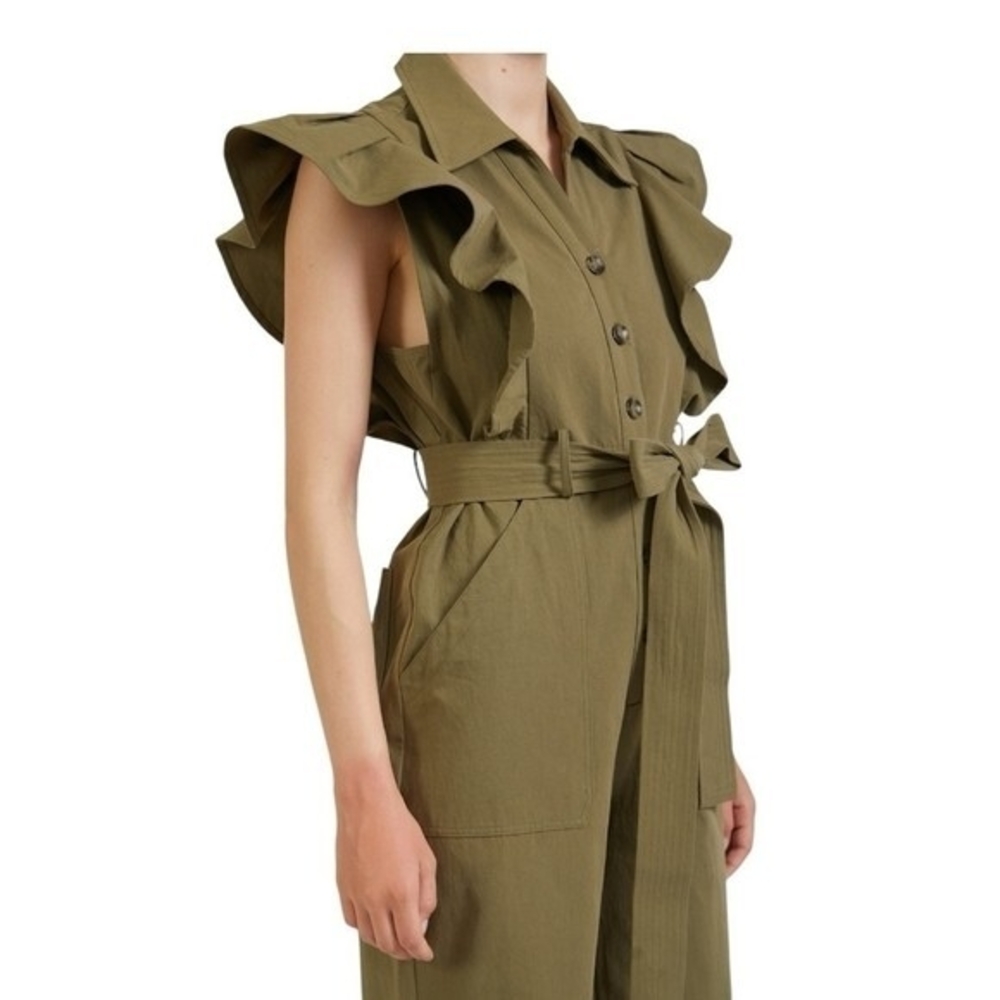 EN SAISON Essie Women's Army Green Ruffled Jumpsuit Size L Cotton Wide Leg NWT - Picture 6 of 8